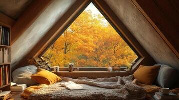 Cozy attic nook with autumnal window view. photo