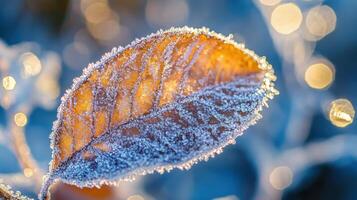 Frozen autumn leaf illuminated by morning light. photo