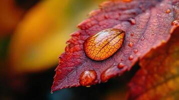 Close-up view of a dewdrop on autumnal foliage. photo