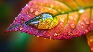 Close-up of a vibrant leaf with dew drops. photo