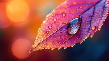 Close-up view of a vibrant autumn leaf with dewdrop. photo