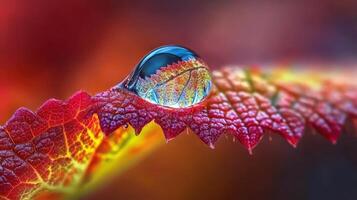 A vibrant autumnal dewdrop resting on a colorful leaf. photo