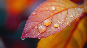 Close-up view of an autumn leaf with water droplets. photo