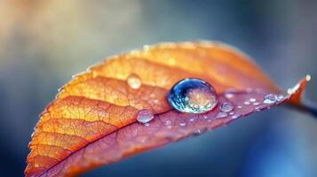 A close-up view of a dewdrop on autumnal foliage. photo