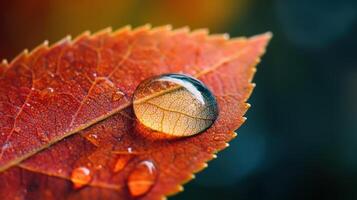 Close-up view of a dewdrop on an autumn leaf. photo