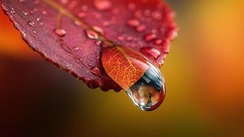 Close-up of a vibrant autumn leaf with water droplet. photo