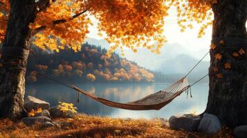 Serene autumn hammock scene by a tranquil lake. photo