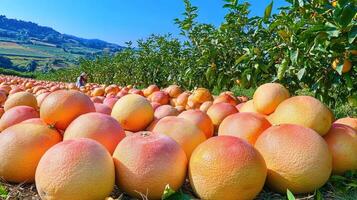 A sprawling citrus grove overflowing with ripe pomelos. photo