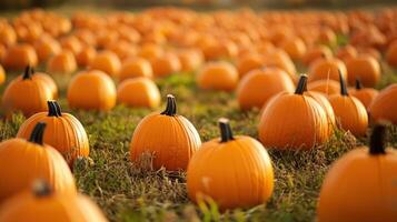 Vibrant orange pumpkins dot a grassy field. photo