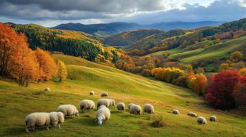 Autumnal landscape showcasing sheep grazing in a valley. photo