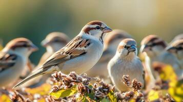 A group of sparrows perched on a plant. photo