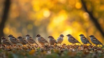 A group of sparrows in autumnal sunlight. photo