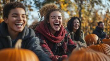 Autumn harvest fun with friends in a pumpkin patch. photo