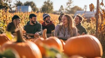 Group of friends enjoying a fall pumpkin patch excursion. photo