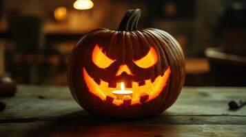Spooky carved pumpkin illuminated by candlelight. photo