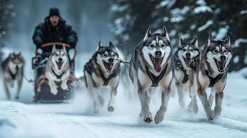 Snowy winter scene of sled dogs in motion. photo