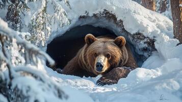 Winter scene of a large brown bear in a snowy cave. photo