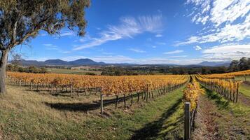 Panoramic view of a golden vineyard landscape under a clear sky. photo