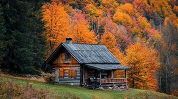 Rustic wooden cabin nestled amidst autumnal foliage. photo