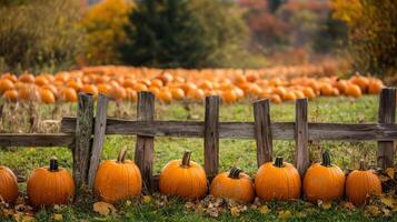 Autumnal pumpkins lined up behind a rustic wooden fence. photo