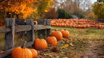 Rustic wooden fence bordering a pumpkin patch in autumn. photo
