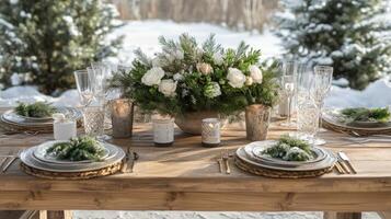 Rustic winter outdoor dining table setting with floral centerpiece. photo