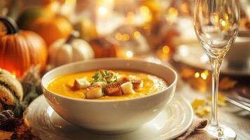 Autumnal pumpkin soup in a festive dining setting. photo