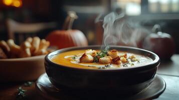 A steaming bowl of autumn pumpkin soup with croutons. photo