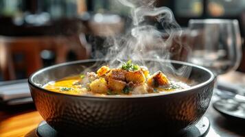 Steaming bowl of creamy soup with toasted croutons. photo