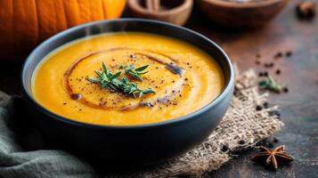 Warm pumpkin soup in a dark bowl. photo
