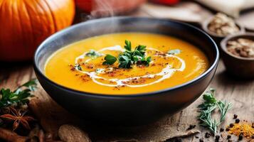 Autumnal pumpkin soup in a dark bowl. photo