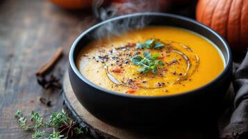 Gourmet pumpkin soup steaming in a dark bowl. photo