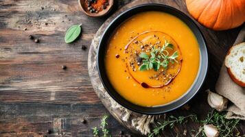 Autumnal pumpkin soup in a bowl on a wooden table. photo