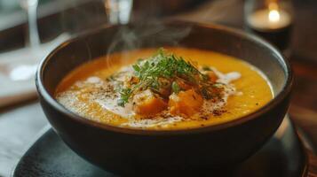 Gourmet pumpkin soup with toasted croutons and garnish. photo