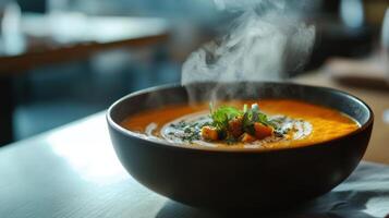 A steaming bowl of warm, vibrant orange soup on a restaurant table. photo