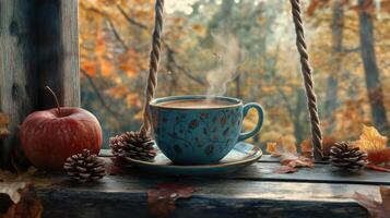 Cozy autumnal scene with steaming coffee and autumnal leaves. photo