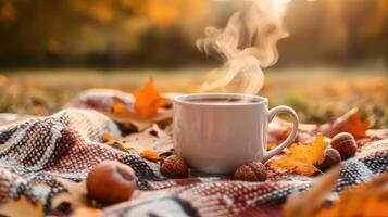 Autumnal beverage on a rustic blanket. photo