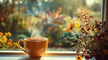 Warm autumnal beverage beside a sunlit window. photo