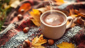 Warm autumnal beverage with fall leaves and nuts. photo