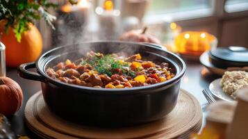 Steaming, hearty stew in a large, dark pot. photo