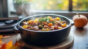 Hearty stew steaming in a dark pot on a wooden surface. photo