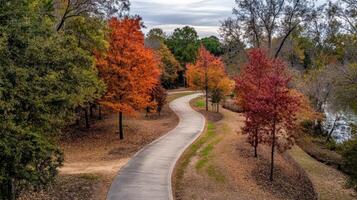Autumnal pathway winding through colorful foliage by a tranquil water feature. photo