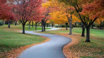 Autumnal park pathway winding through colorful trees. photo