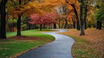 Autumnal park pathway winds through colorful foliage. photo