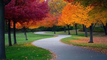 A pathway lined with colorful trees and grass photo