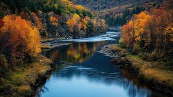 Autumnal river valley scene with vibrant foliage. photo