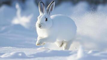 Winter snowy landscape features a swiftly running white hare. photo