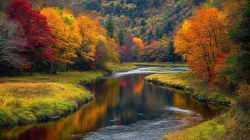 Autumnal river scene with vibrant foliage reflections. photo