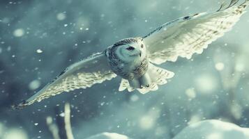 Majestic snowy owl in flight during winter storm. photo
