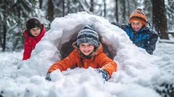 Three children play in a snowy hideout. photo